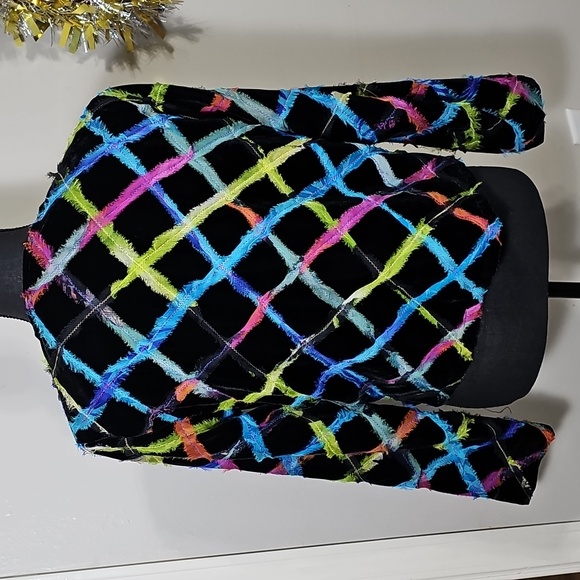 🧥 Chico's Velvet Shaggy Textured Jacket Open Front Blazer Neon Plaid - Picture 3 of 6